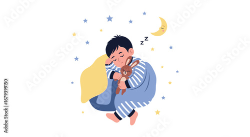 Sweet Dreams Vector Illustration Of A Little Boy Sleeping With A Plush Bunny