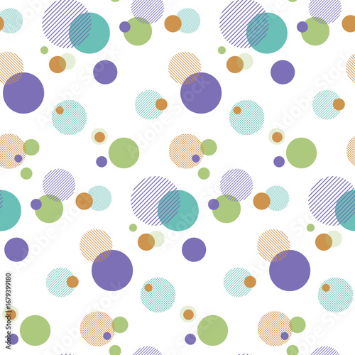 Abstract geometric pattern of scattered circles with stripes and dots in pastel colors