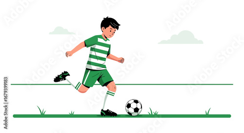 Soccer Player Kicking Ball On Field, Sport Illustration In Vector Format