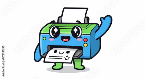 Animated printer character with a happy expression and waving hand.