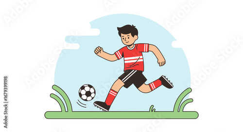 Soccer Player Kicking Football In Lively, Flat Style Illustrated Scene.