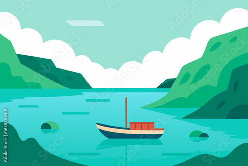 Serene flat design illustration of a lone boat sailing on a calm turquoise lake surrounded by lush green hills and fluffy white clouds under a pale blue sky