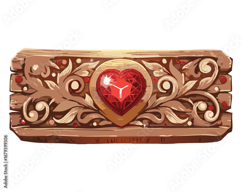 Stunning carved wooden decorative strip with a large red heart gem and golden filigree, a majestic design with a rustic texture