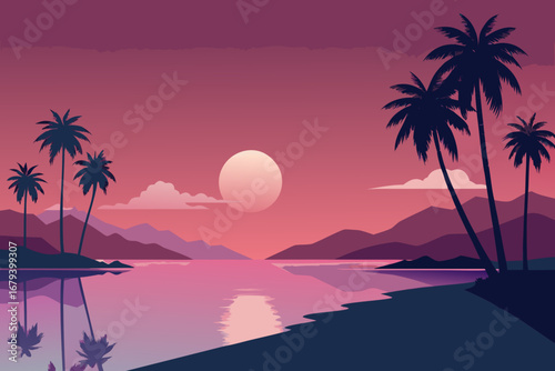 Serene tropical sunset with palm trees silhouetted against a vibrant pink sky and calm ocean waters reflecting the warm glow