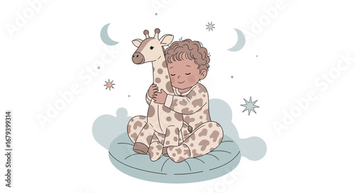 Sweet illustration of a baby hugging a giraffe toy dreaming under a starry night