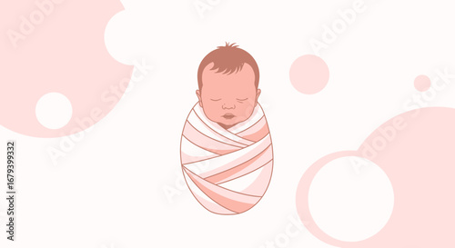 Sweet Newborn Baby Sleeping Swaddled in Pinkish Tones Vector Illustration