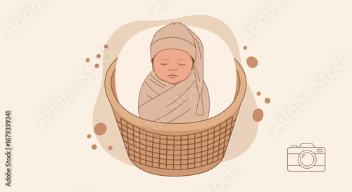 Sweet Newborn Baby in a Basket, Pastel Illustration for a Tender and Cozy Concept