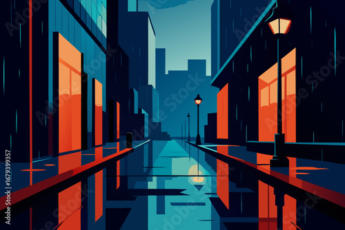 Stylized illustration of a rainy city street at night with glowing windows and reflections on wet pavement
