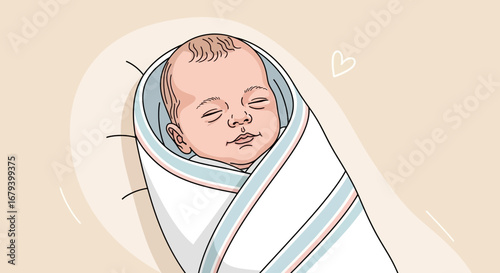Sweet Newborn Baby Swaddled and Sleeping Peacefully In Vector Illustration Style