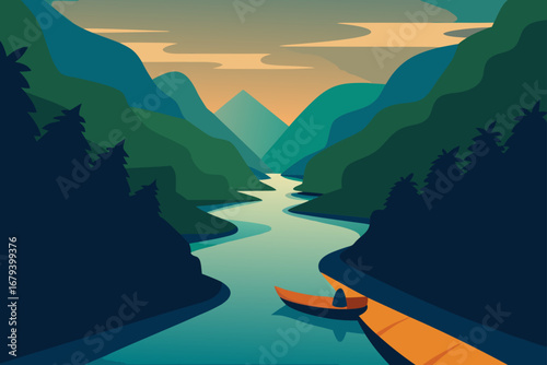 Serene mountain valley with a winding river and a lone canoe at sunset