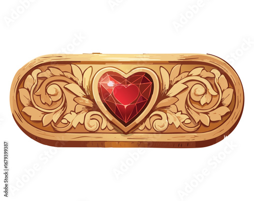 Detailed wooden and golden band with a heart-shaped red gem, a majestic design element with intricate filigree and a carved texture