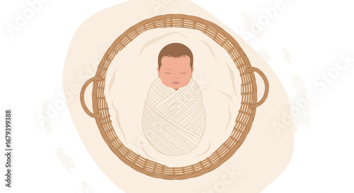 Sweet Newborn Baby Snuggled in Woven Basket, Peaceful Sleep, Gentle Embrace of Early Life