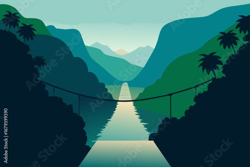 Suspension bridge crossing a serene river valley with lush green mountains and palm trees in a flat design style