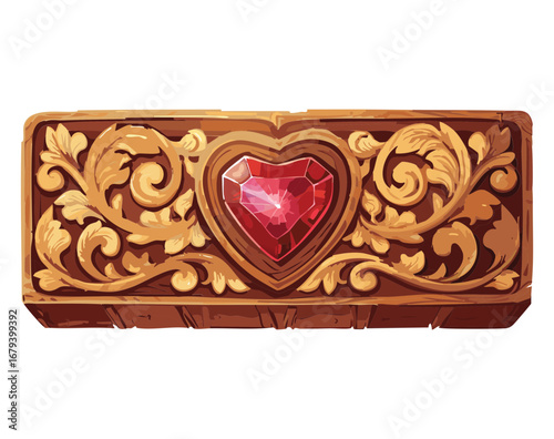 Exquisite ornamental piece featuring a deeply carved red heart on a wooden background with detailed golden filigree, a vintage love emblem