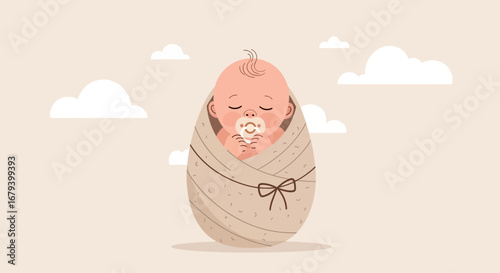 Sweet Newborn Baby Wrapped in a Blanket with Clouds in the Background for New Born Concepts.