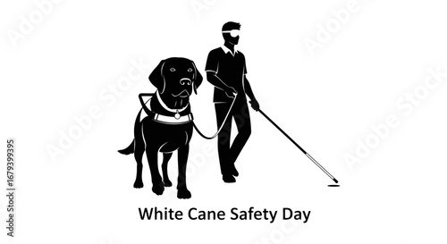 Vector art of white cane safety day with blind person and guide dog