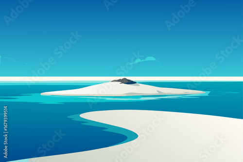 Minimalist illustration of a small island with a rocky peak in a vast turquoise ocean under a clear blue sky with faint clouds