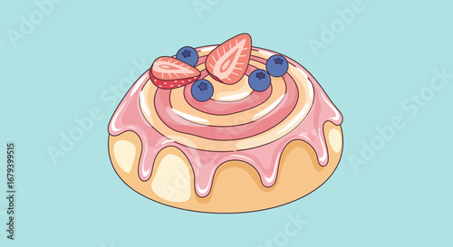 Sweet Pastry Rolled With Pink Glaze And Decorated With Fresh Berries On Light Blue Background