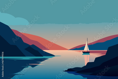 Serene sailboat glides across a calm lake surrounded by colorful mountains at sunset