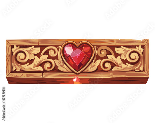 Intricately carved golden and wooden band with a prominent heart-shaped red gemstone, a rich and luxurious decorative design