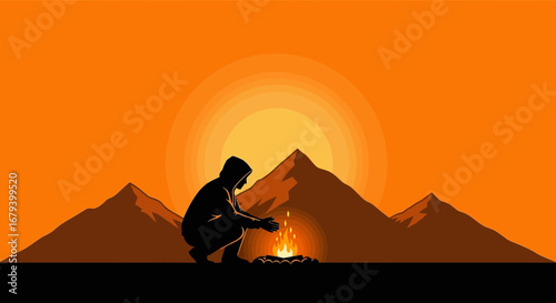 Solitary Figure Warming Hands By Fire Against a Mountainous Sunset Backdrop