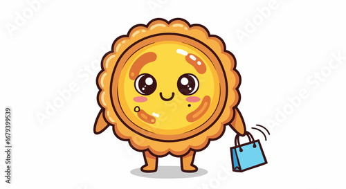Cute cartoon mooncake character with shopping bag.