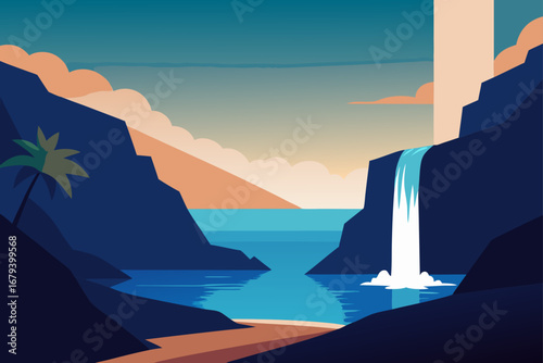 Serene tropical cove with a cascading waterfall into a calm blue ocean at sunset
