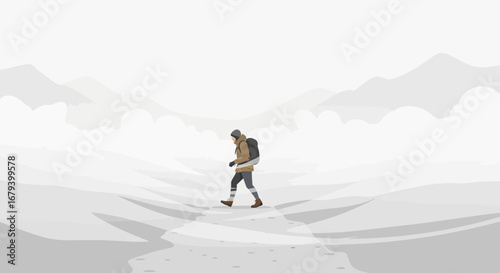 Solitary Trekker Walking Through A Bleak Snowy Landscape Towards Mountainous Terrain