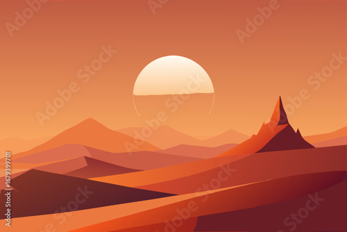 Vast orange desert landscape under a setting sun with dramatic mountain peaks and rolling sand dunes