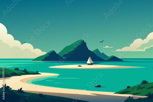 Serene coastal landscape with a white sailboat navigating turquoise waters near a sandy island and lush green mountains under a cloudy sky