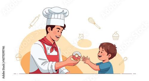 Sweet Treat Exchange: Chef Joyfully Shares a Donut with Excited Young Child