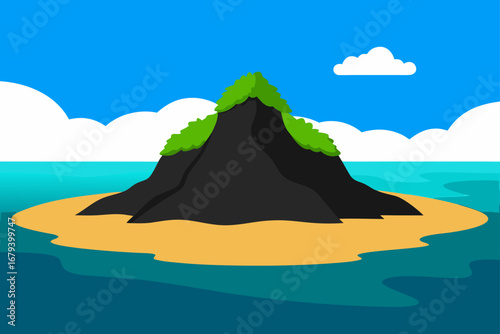 A stylized illustration of a volcanic island with lush green vegetation on its peak surrounded by turquoise ocean waters under a bright blue sky with fluffy white clouds