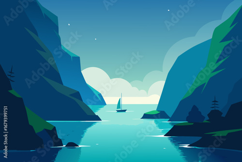 Serene blue water reflects towering green and blue cliffs under a soft cloudy sky with a solitary sailboat