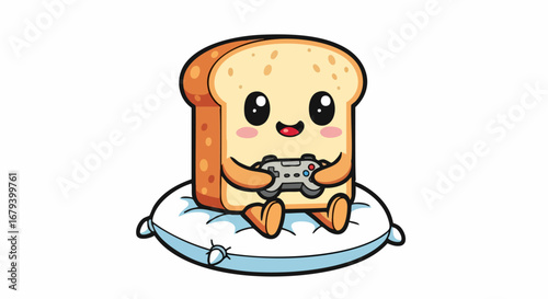 Cute cartoon slice of bread playing video games with a controller.