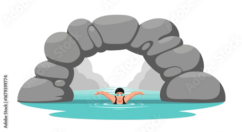 Swimmer Enjoys Aquatic Exercise Near Natural Rock Formation With Minimalist Illustration