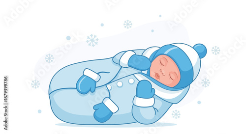 Sweetly Sleeping Baby Fully Suited in Winter Wear Against a Snowy Background