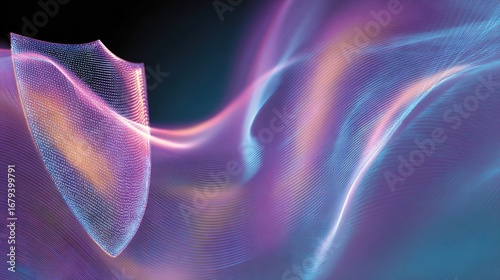 Abstract glowing shield floating in vibrant purple and blue waves of light, symbolizing digital protection, resilience, trust and cyber security