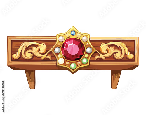 Intricate wooden decorative band with a prominent, luminous red gemstone and ornate golden filigree, a luxurious design element