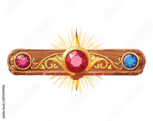 Magical golden clasp featuring a brilliant red gem at its center, surrounded by an array of colorful jewels and glowing sun rays