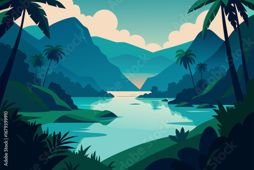 Serene tropical bay at sunset with lush green mountains and palm trees reflected in calm turquoise water