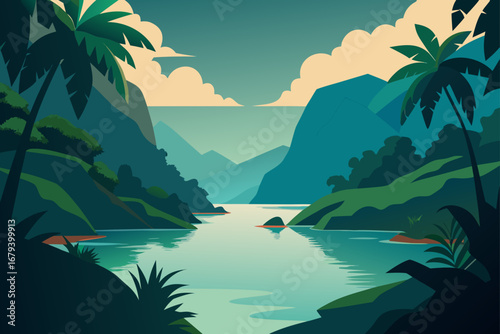 Serene tropical bay with lush green mountains and calm turquoise water under a cloudy sky