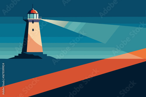 Minimalist lighthouse on a rocky outcrop at dusk casting a bright beam across the dark ocean and geometric landscape