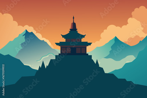Serene pagoda silhouette atop a mountain peak against a vibrant sunset sky with misty clouds and mountains