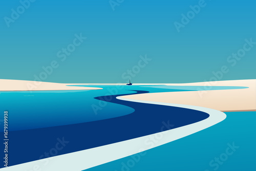 Minimalist landscape with a winding blue river leading to a calm bay with a lone sailboat under a clear sky