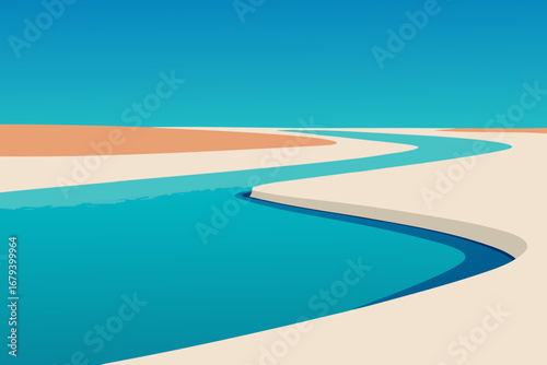 Abstract minimalist landscape with a winding blue river through beige and orange desert dunes under a clear sky
