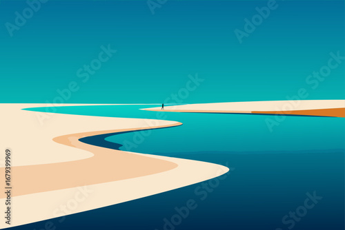 Solitary figure stands on a sandy shore beside a winding turquoise river under a vast blue sky