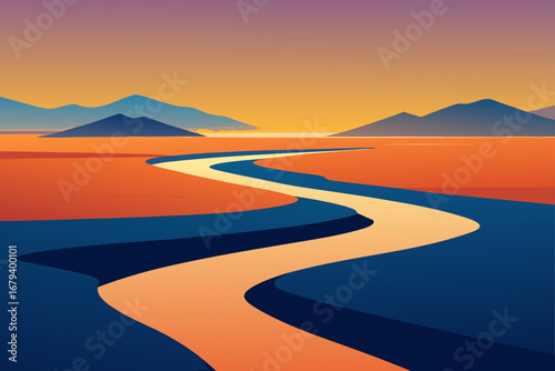 Stylized landscape with a winding river flowing through a desert with mountains in the distance under a gradient sky
