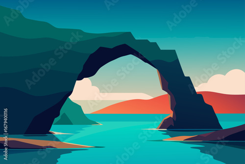 Stylized illustration of a natural rock arch over a turquoise sea with distant hills and clouds