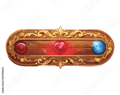  Decorative golden band with a radiant red gem, intricate swirls, and a unique weathered blue wood texture, a vintage design