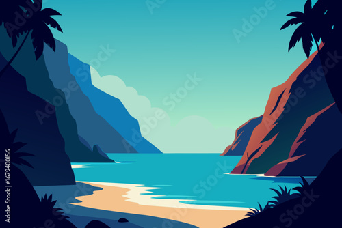 Serene tropical bay with calm turquoise water sandy beach and dramatic cliffs framed by palm trees
